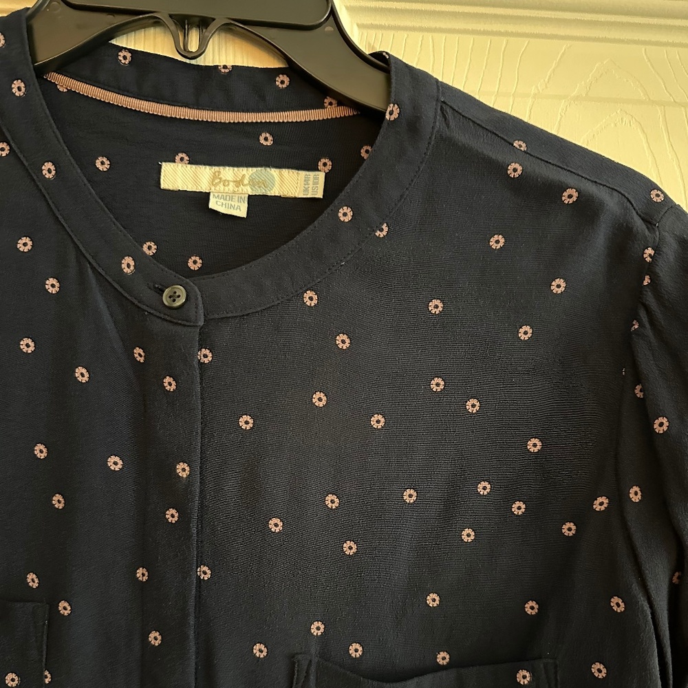 Boden Button-Down Blouse, Blue with Cream Flowers, Women 10